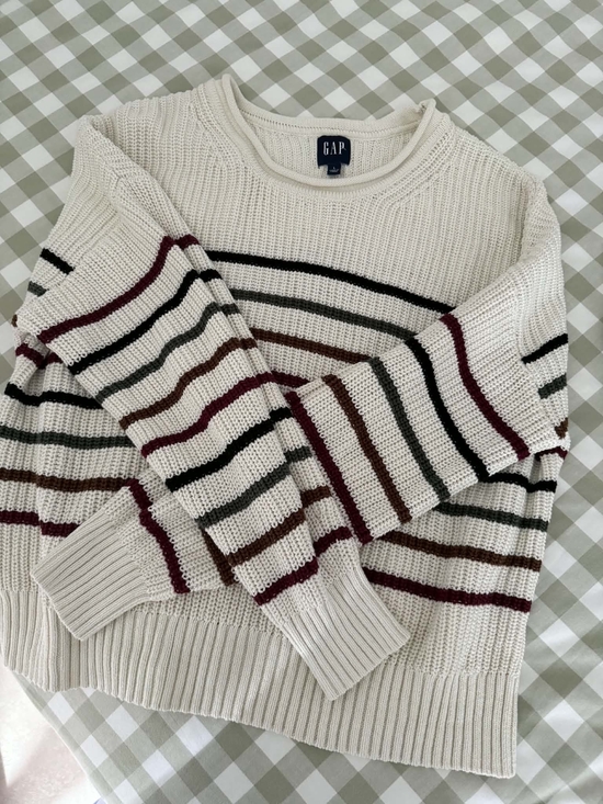 GAP Sweaters - GAP Cream Crewneck Sweater with Burgundy, Black Brown & Green Stripes100% Cotton